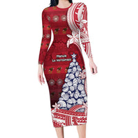 American Samoa Christmas Long Sleeve Bodycon Dress Seashell Xmas Tree Tribal Waves DT05 Long Dress Red - Polynesian Pride