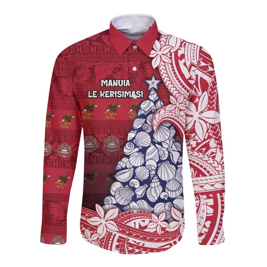 American Samoa Christmas Long Sleeve Button Shirt Seashell Xmas Tree Tribal Waves DT05 Unisex Red - Polynesian Pride