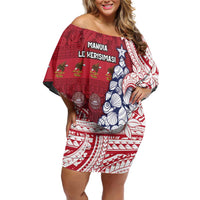 American Samoa Christmas Off Shoulder Short Dress Seashell Xmas Tree Tribal Waves DT05 Women Red - Polynesian Pride