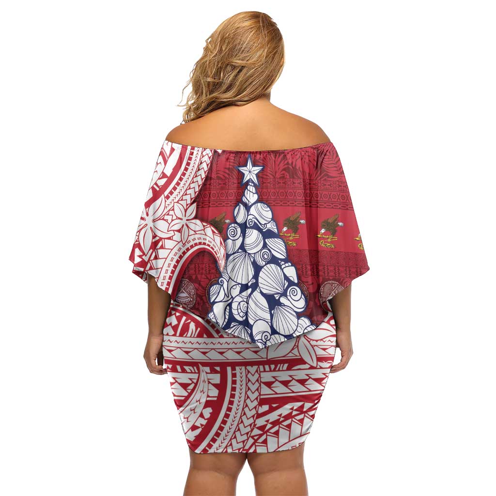 American Samoa Christmas Off Shoulder Short Dress Seashell Xmas Tree Tribal Waves DT05 - Polynesian Pride