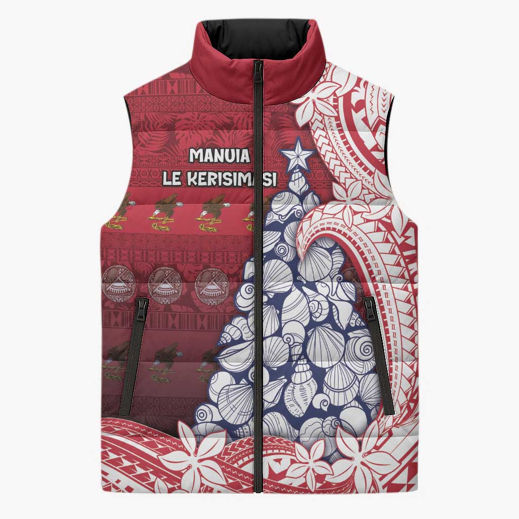 American Samoa Christmas Sleeveless Puffer Jacket Seashell Xmas Tree Tribal Waves DT05 Unisex Red - Polynesian Pride