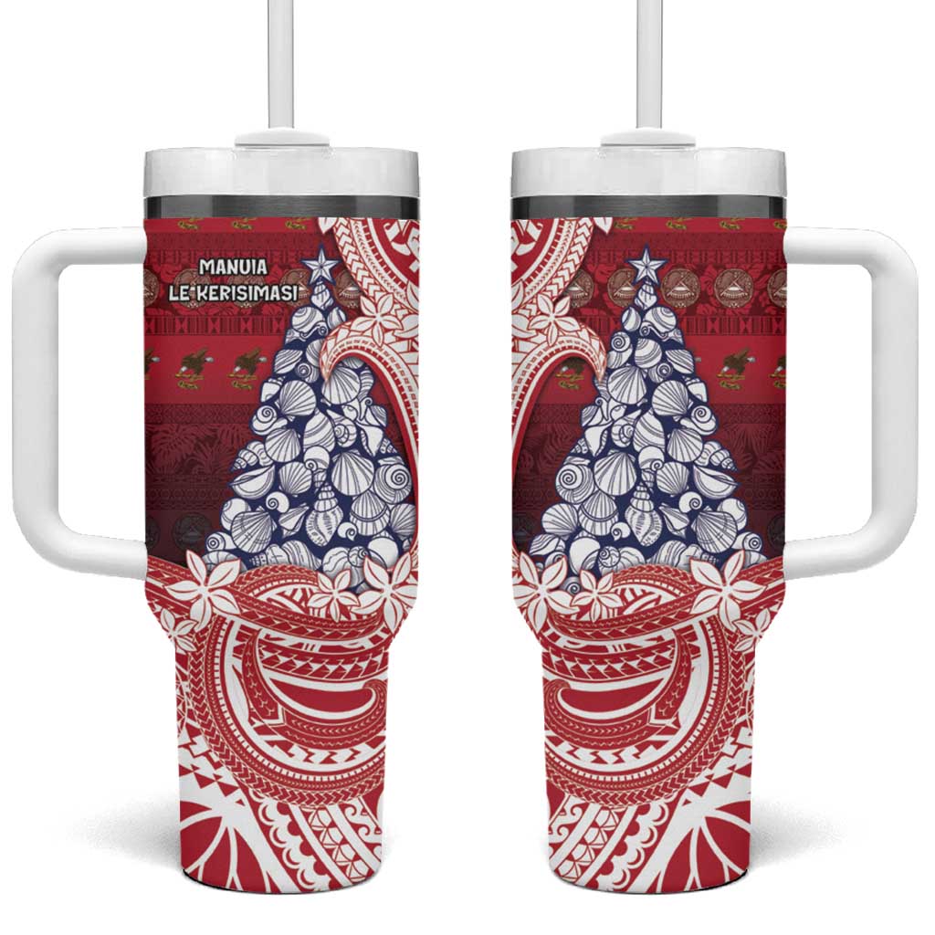 American Samoa Christmas Tumbler With Handle Seashell Xmas Tree Tribal Waves DT05 One Size: 40 oz Red - Polynesian Pride