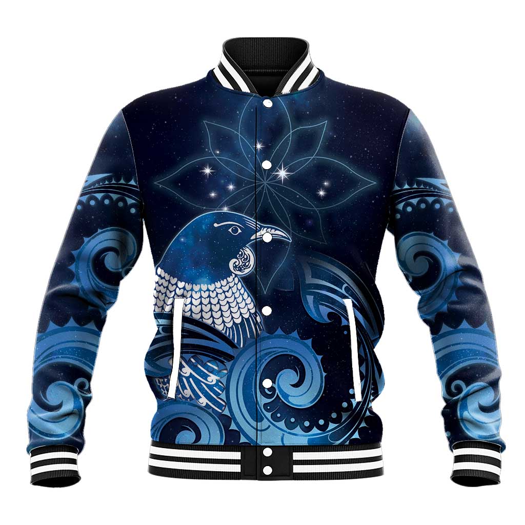 New Zealand Matariki Baseball Jacket Maori Tui Bird Blue Galaxy DT05 Unisex Blue - Polynesian Pride