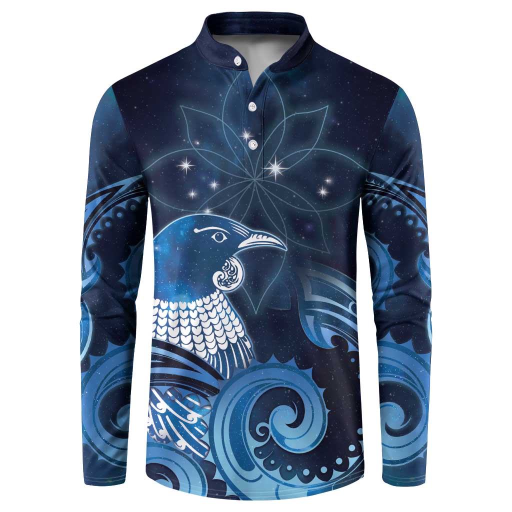 New Zealand Matariki Button Sweatshirt Maori Tui Bird Blue Galaxy DT05 Blue - Polynesian Pride