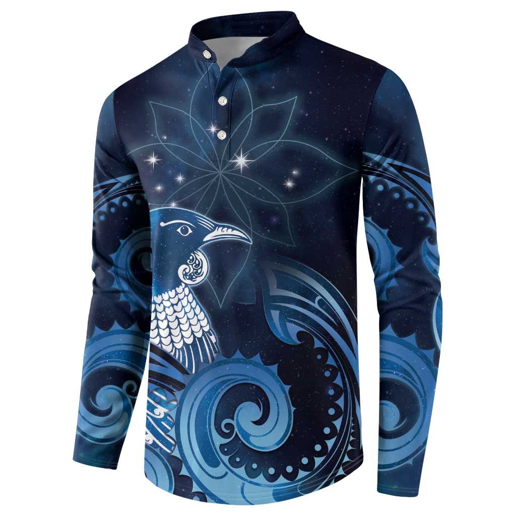 New Zealand Matariki Button Sweatshirt Maori Tui Bird Blue Galaxy DT05 - Polynesian Pride