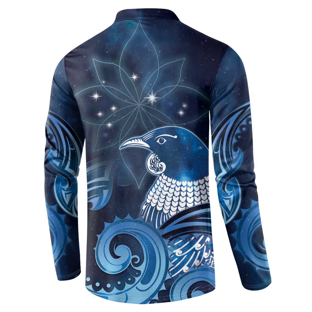 New Zealand Matariki Button Sweatshirt Maori Tui Bird Blue Galaxy DT05 - Polynesian Pride