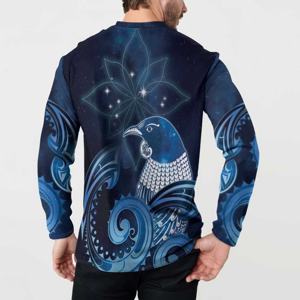 New Zealand Matariki Button Sweatshirt Maori Tui Bird Blue Galaxy DT05 - Polynesian Pride