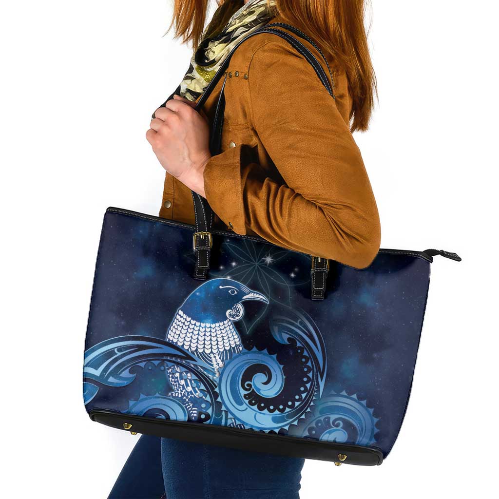 New Zealand Matariki Leather Tote Bag Maori Tui Bird Blue Galaxy DT05 Blue - Polynesian Pride