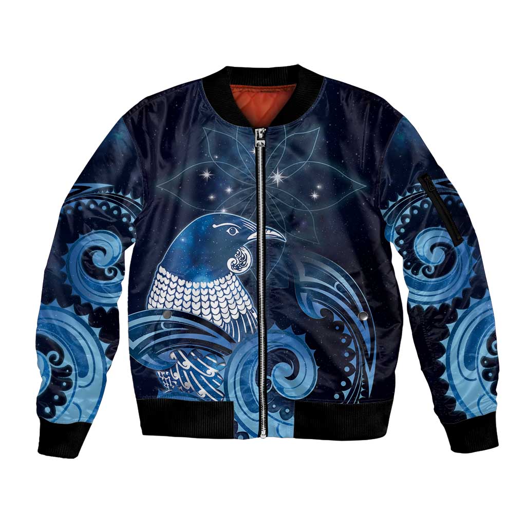 New Zealand Matariki Sleeve Zip Bomber Jacket Maori Tui Bird Blue Galaxy DT05 Unisex Blue - Polynesian Pride