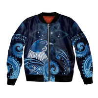New Zealand Matariki Sleeve Zip Bomber Jacket Maori Tui Bird Blue Galaxy DT05 Unisex Blue - Polynesian Pride