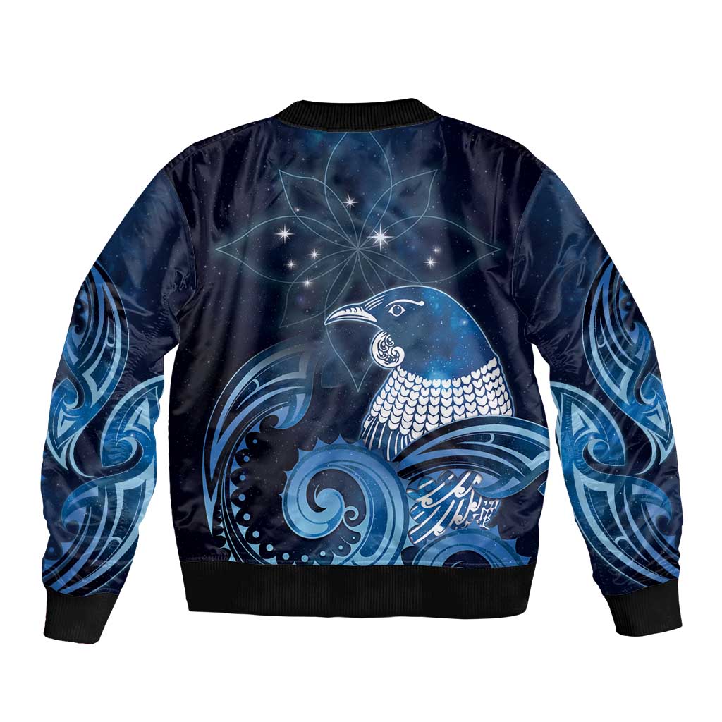 New Zealand Matariki Sleeve Zip Bomber Jacket Maori Tui Bird Blue Galaxy DT05 - Polynesian Pride