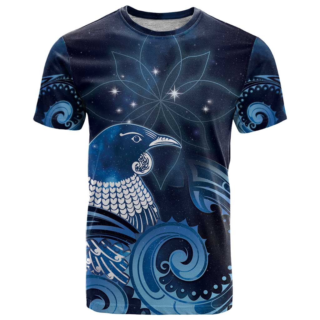 New Zealand Matariki T Shirt Maori Tui Bird Blue Galaxy DT05 Blue - Polynesian Pride