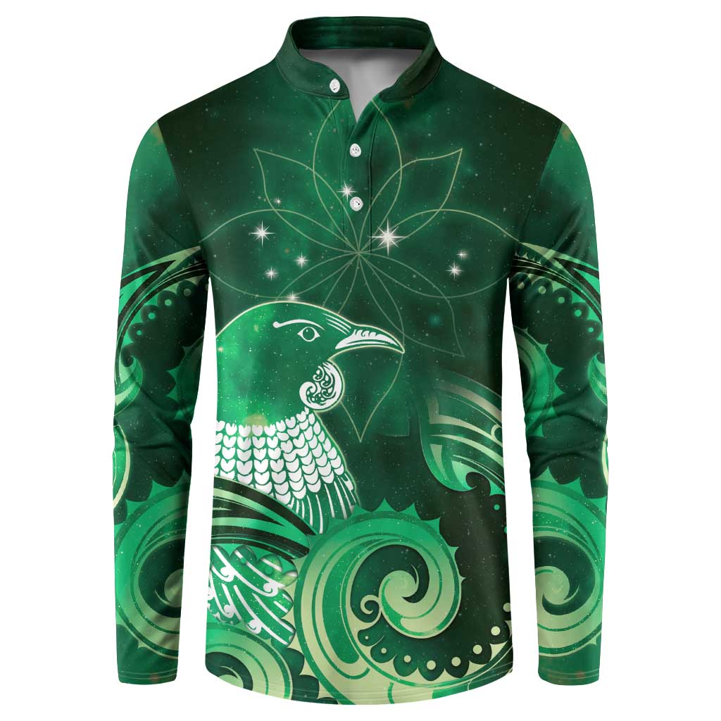New Zealand Matariki Button Sweatshirt Maori Tui Bird Green Galaxy DT05 Green - Polynesian Pride