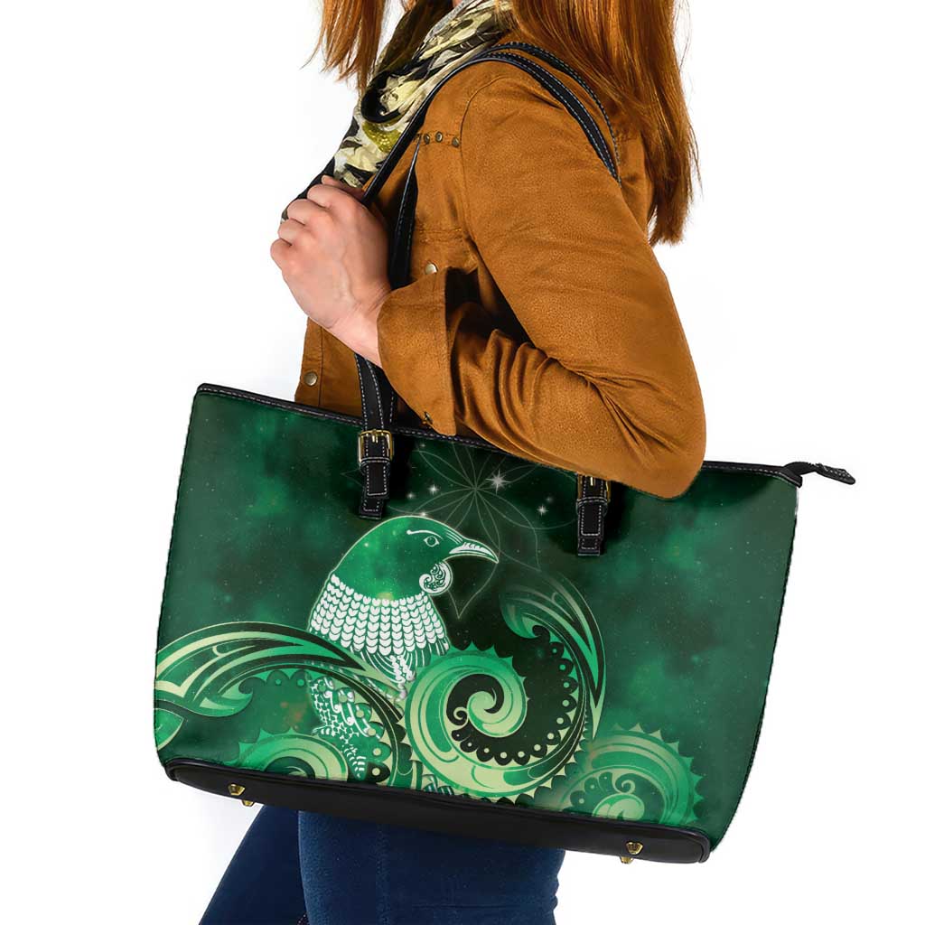 New Zealand Matariki Leather Tote Bag Maori Tui Bird Green Galaxy DT05 Green - Polynesian Pride