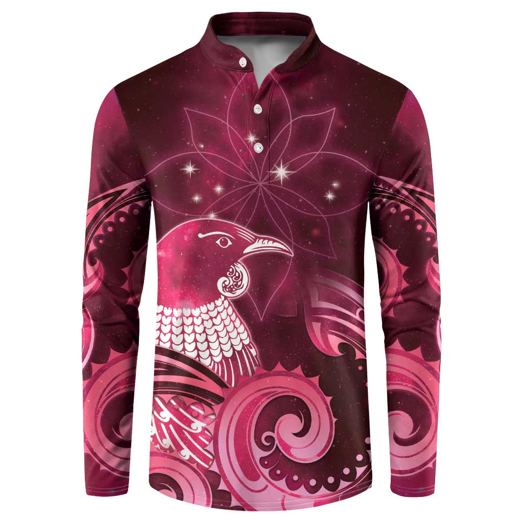 New Zealand Matariki Button Sweatshirt Maori Tui Bird Magenta Galaxy DT05 Magenta - Polynesian Pride