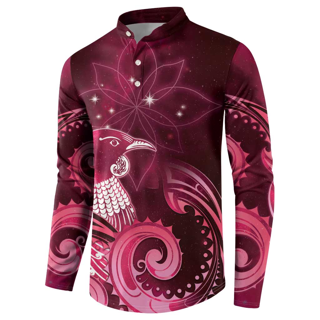 New Zealand Matariki Button Sweatshirt Maori Tui Bird Magenta Galaxy DT05 - Polynesian Pride