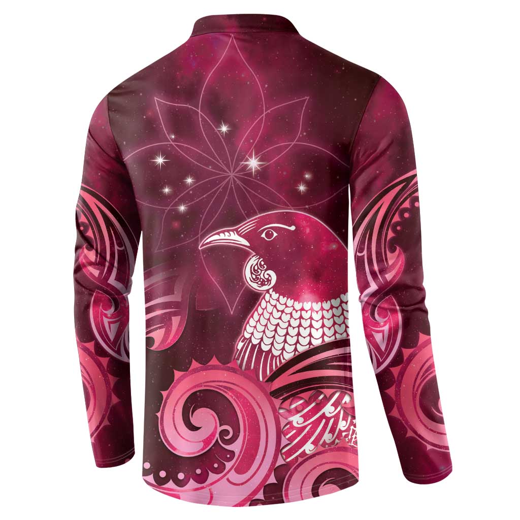 New Zealand Matariki Button Sweatshirt Maori Tui Bird Magenta Galaxy DT05 - Polynesian Pride