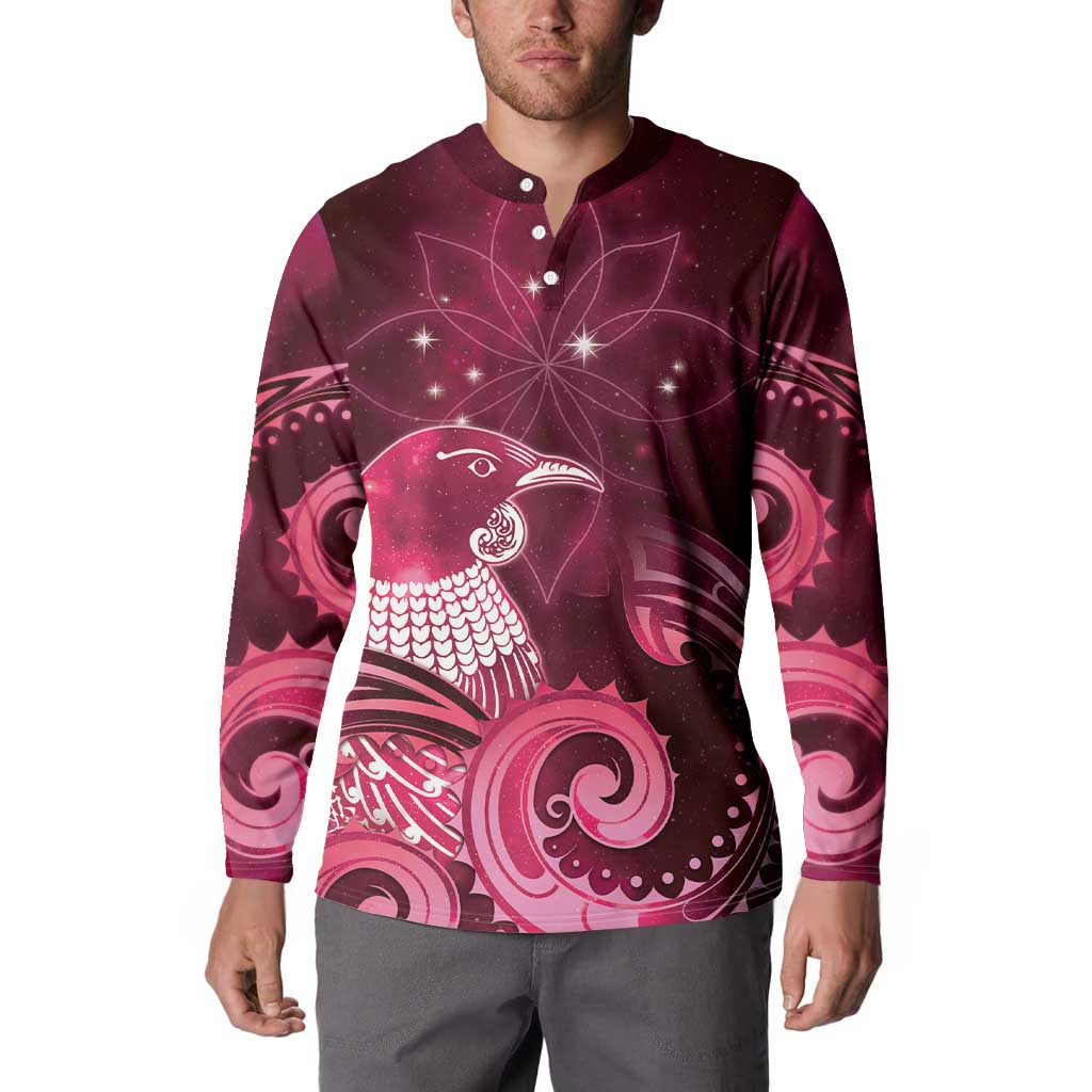 New Zealand Matariki Button Sweatshirt Maori Tui Bird Magenta Galaxy DT05 - Polynesian Pride