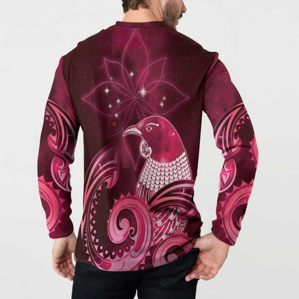 New Zealand Matariki Button Sweatshirt Maori Tui Bird Magenta Galaxy DT05 - Polynesian Pride