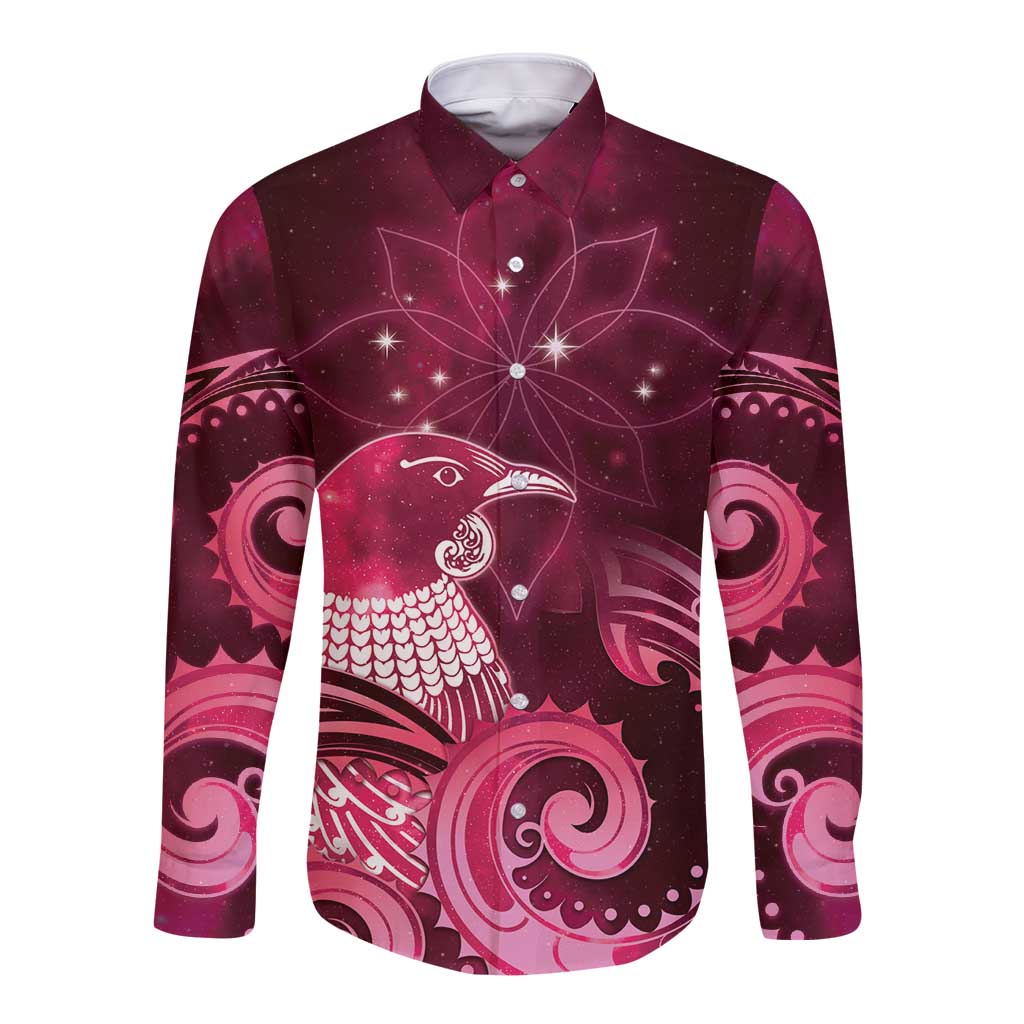 New Zealand Matariki Long Sleeve Button Shirt Maori Tui Bird Magenta Galaxy DT05 Unisex Magenta - Polynesian Pride