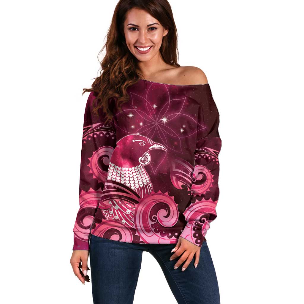 New Zealand Matariki Off Shoulder Sweater Maori Tui Bird Magenta Galaxy DT05 Women Magenta - Polynesian Pride