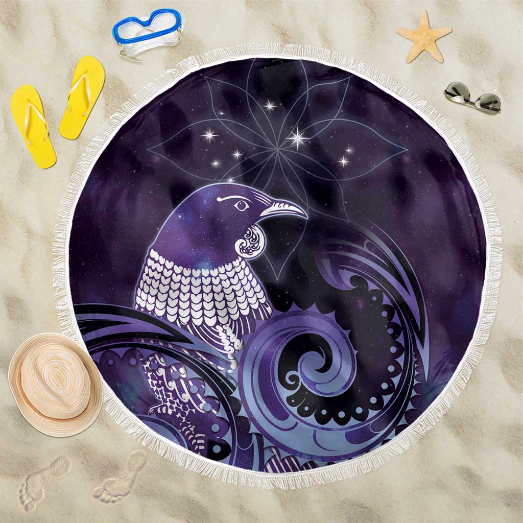 New Zealand Matariki Beach Blanket Maori Tui Bird Purple Galaxy DT05 One Size 150cm Purple - Polynesian Pride