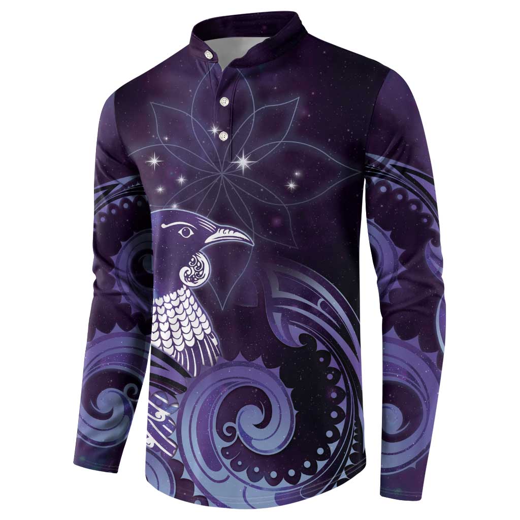 New Zealand Matariki Button Sweatshirt Maori Tui Bird Purple Galaxy DT05 - Polynesian Pride