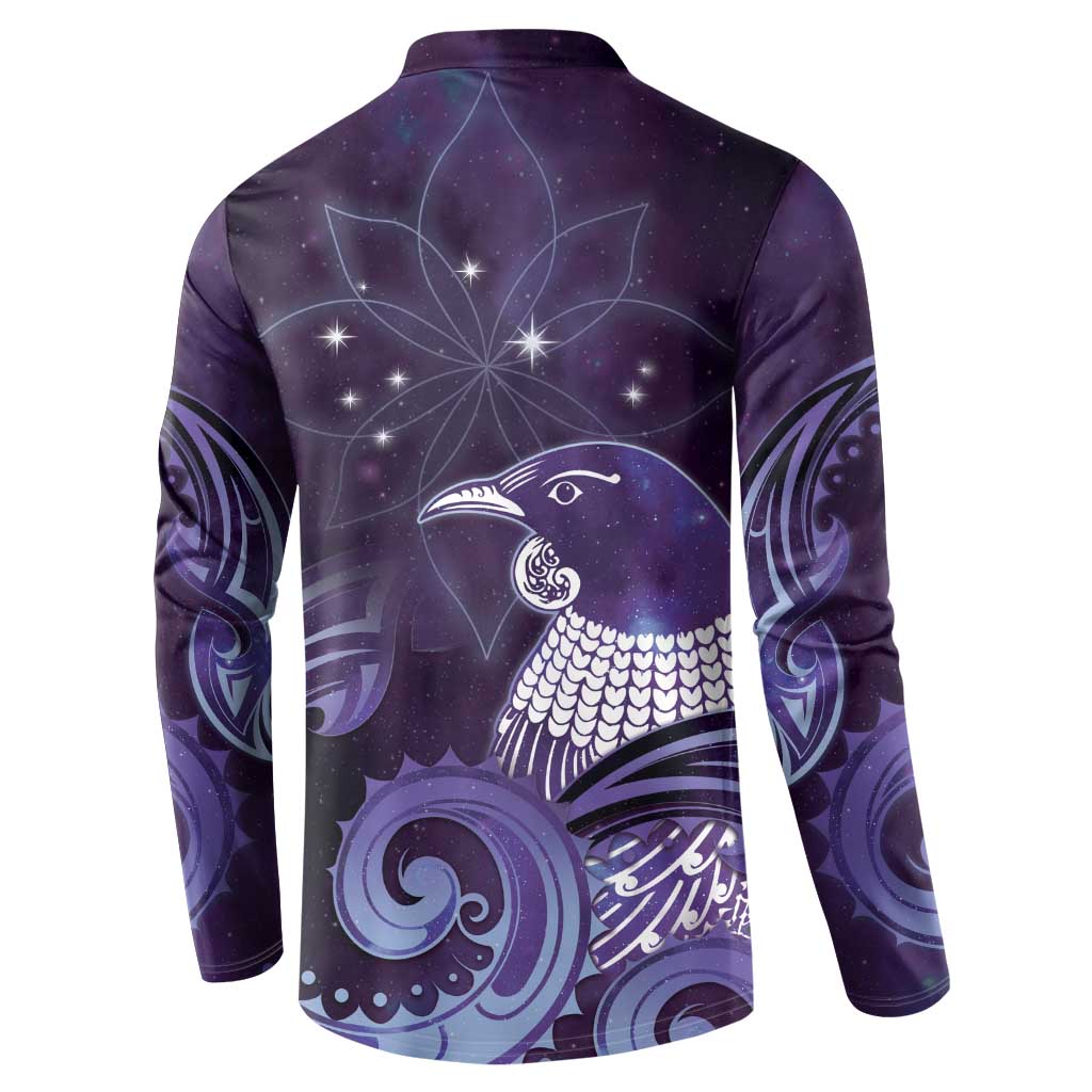 New Zealand Matariki Button Sweatshirt Maori Tui Bird Purple Galaxy DT05 - Polynesian Pride