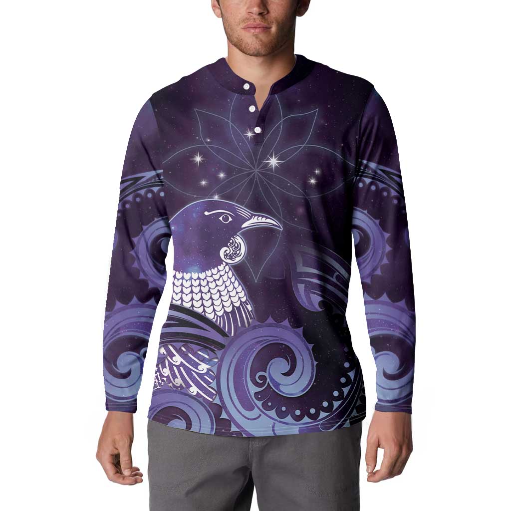 New Zealand Matariki Button Sweatshirt Maori Tui Bird Purple Galaxy DT05 - Polynesian Pride