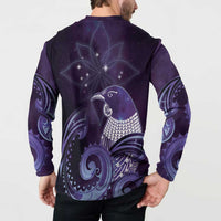 New Zealand Matariki Button Sweatshirt Maori Tui Bird Purple Galaxy DT05 - Polynesian Pride