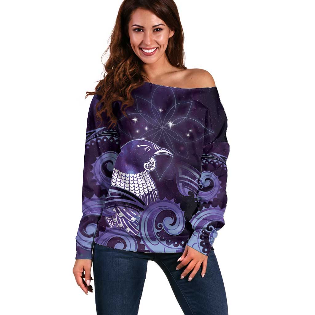 New Zealand Matariki Off Shoulder Sweater Maori Tui Bird Purple Galaxy DT05 Women Purple - Polynesian Pride