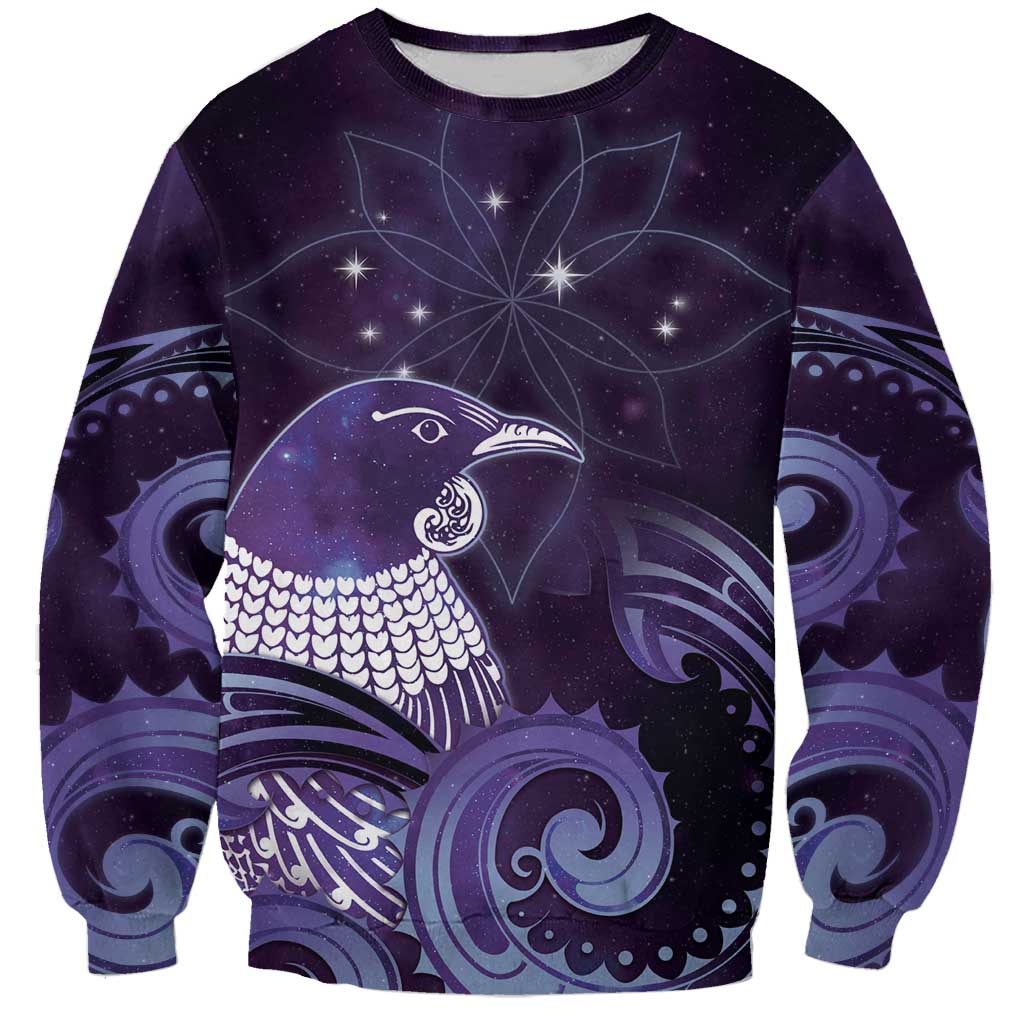 New Zealand Matariki Sweatshirt Maori Tui Bird Purple Galaxy DT05 Unisex Purple - Polynesian Pride