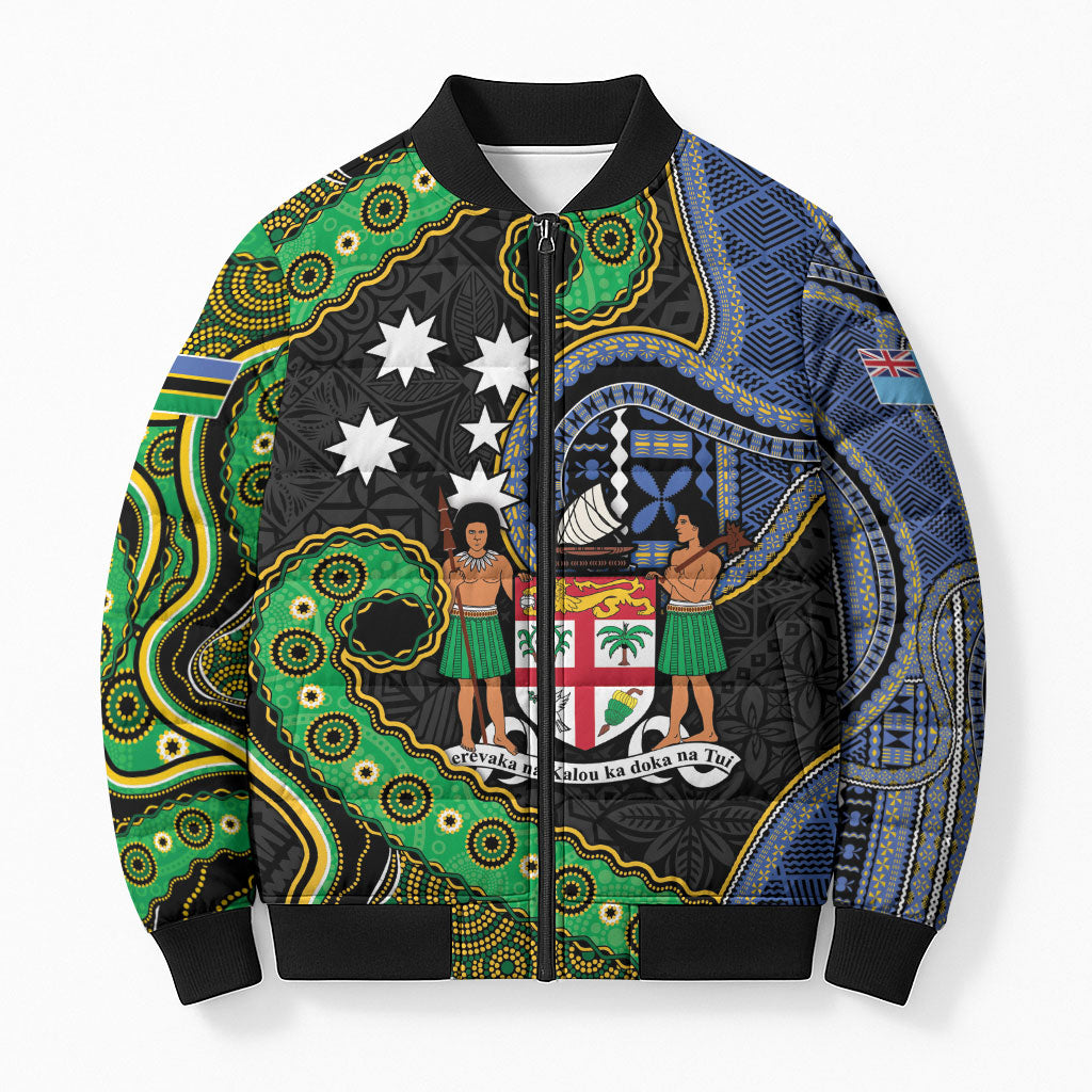 South Sea Islanders And Fiji Bomber Puffer Jacket Fijian Coat Of Arms And Southern Cross DT05 Unisex Black - Polynesian Pride