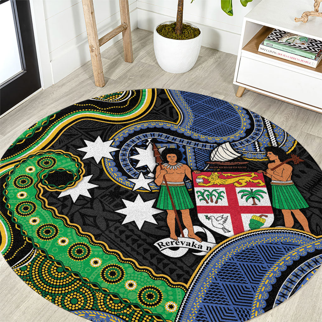 South Sea Islanders And Fiji Round Carpet Fijian Coat Of Arms And Southern Cross DT05 Black - Polynesian Pride