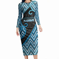 Custom Aotearoa Atua Ranginui Long Sleeve Bodycon Dress Maori Sky Father Koru Patterns DT05 Long Dress Blue - Polynesian Pride