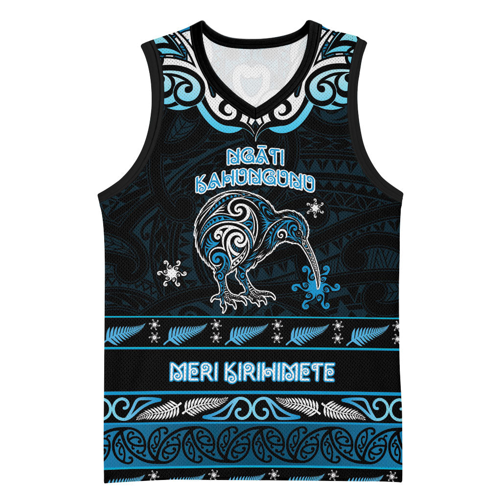 Personalised Ngati Kahungunu Aotearoa Meri Kirihimete Basketball Jersey Maori Kiwi Bird Silver Fern Koru Pattern DT05 Unisex Blue - Polynesian Pride