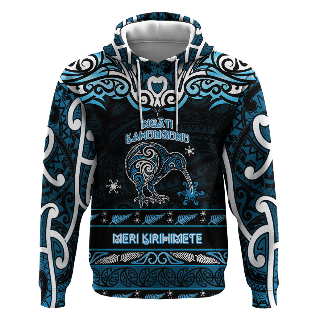 Personalised Ngati Kahungunu Aotearoa Meri Kirihimete Hoodie Maori Kiwi Bird Silver Fern Koru Pattern DT05 Pullover Hoodie Blue - Polynesian Pride