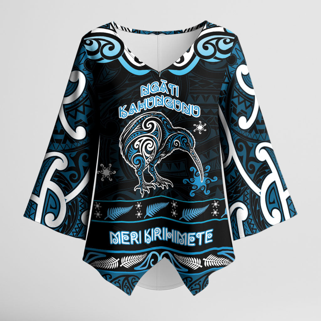 Personalised Ngati Kahungunu Aotearoa Meri Kirihimete Kimono Sleeve Blouse Maori Kiwi Bird Silver Fern Koru Pattern DT05 Female Blue - Polynesian Pride