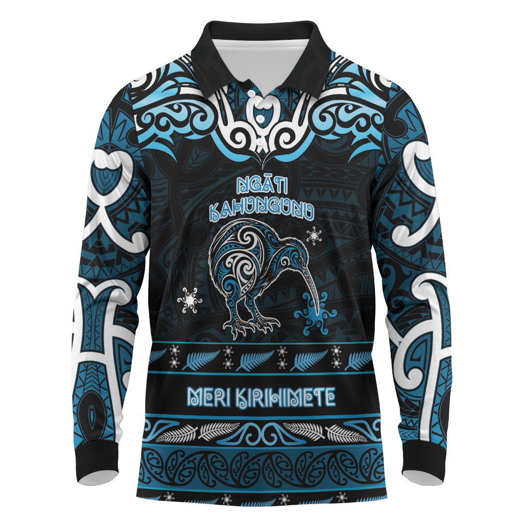 Personalised Ngati Kahungunu Aotearoa Meri Kirihimete Long Sleeve Polo Shirt Maori Kiwi Bird Silver Fern Koru Pattern DT05 Blue - Polynesian Pride