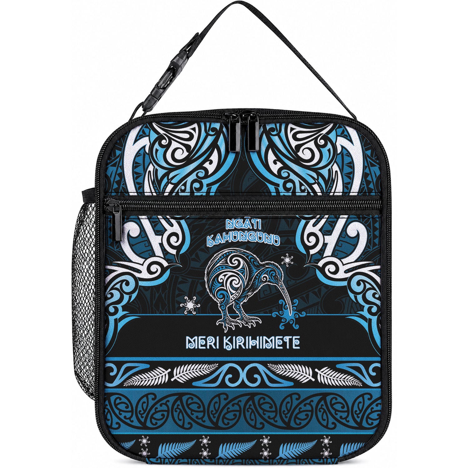 Ngati Kahungunu Aotearoa Meri Kirihimete Lunch Bag Maori Kiwi Bird Silver Fern Koru Pattern DT05 10.2 × 8.3 × 4.3 inch Blue - Polynesian Pride