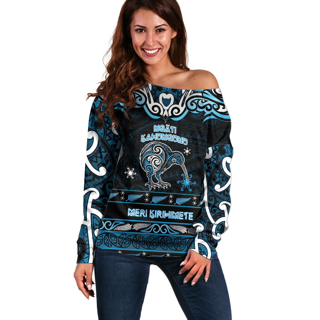 Personalised Ngati Kahungunu Aotearoa Meri Kirihimete Off Shoulder Sweater Maori Kiwi Bird Silver Fern Koru Pattern DT05 Women Blue - Polynesian Pride