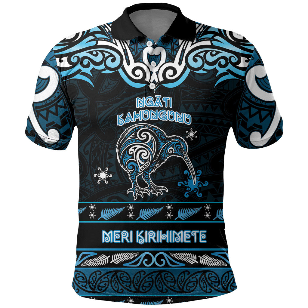 Personalised Ngati Kahungunu Aotearoa Meri Kirihimete Polo Shirt Maori Kiwi Bird Silver Fern Koru Pattern DT05 Blue - Polynesian Pride