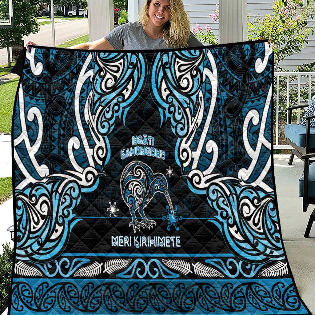 Ngati Kahungunu Aotearoa Meri Kirihimete Quilt Maori Kiwi Bird Silver Fern Koru Pattern DT05 Blue - Polynesian Pride