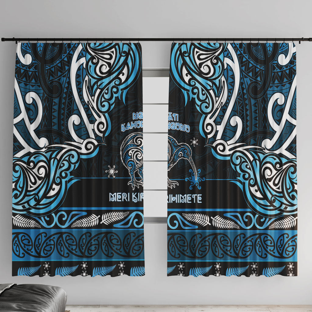 Ngati Kahungunu Aotearoa Meri Kirihimete Window Curtain Maori Kiwi Bird Silver Fern Koru Pattern DT05 With Hooks Blue - Polynesian Pride