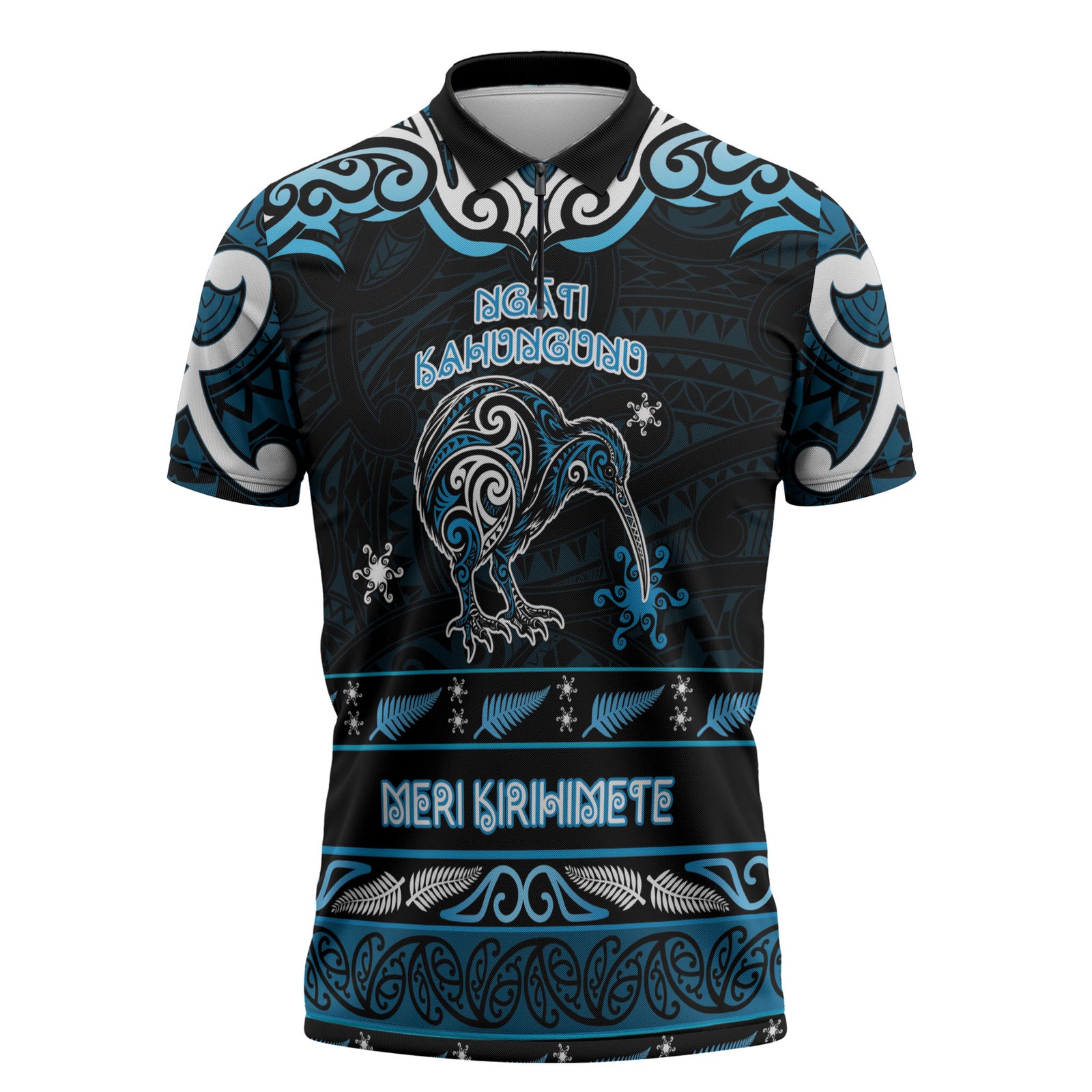 Personalised Ngati Kahungunu Aotearoa Meri Kirihimete Zipper Polo Shirt Maori Kiwi Bird Silver Fern Koru Pattern DT05 Blue - Polynesian Pride