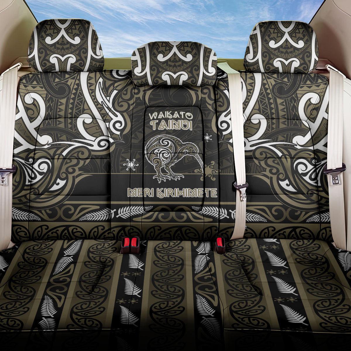 Waikato Tainui Aotearoa Meri Kirihimete Back Car Seat Cover Maori Kiwi Bird Silver Fern Koru Pattern DT05 One Size Gold - Polynesian Pride