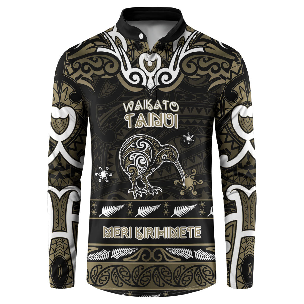 Personalised Waikato Tainui Aotearoa Meri Kirihimete Button Sweatshirt Maori Kiwi Bird Silver Fern Koru Pattern DT05 Gold - Polynesian Pride