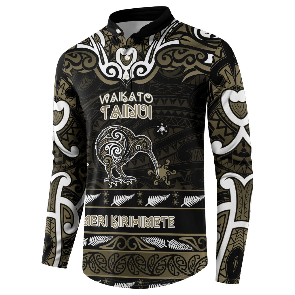 Personalised Waikato Tainui Aotearoa Meri Kirihimete Button Sweatshirt Maori Kiwi Bird Silver Fern Koru Pattern DT05 - Polynesian Pride