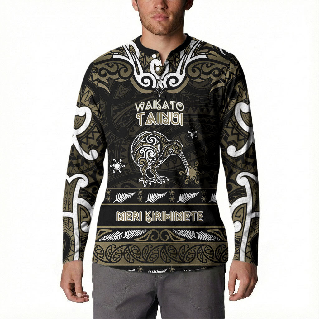 Personalised Waikato Tainui Aotearoa Meri Kirihimete Button Sweatshirt Maori Kiwi Bird Silver Fern Koru Pattern DT05 - Polynesian Pride