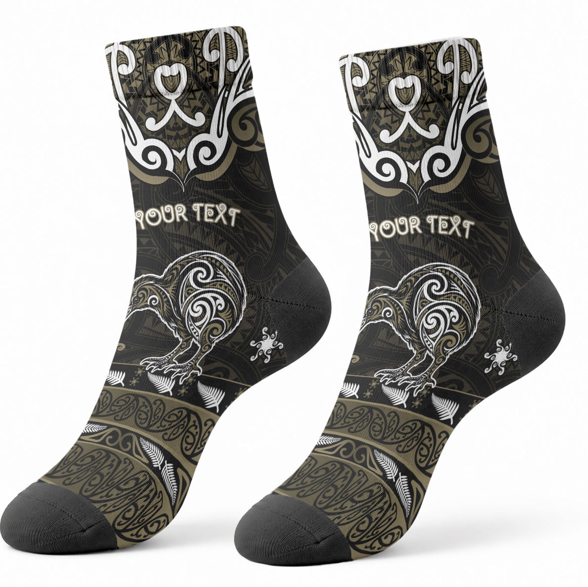 Personalised Waikato Tainui Aotearoa Meri Kirihimete Crew Socks Maori Kiwi Bird Silver Fern Koru Pattern DT05 - Polynesian Pride